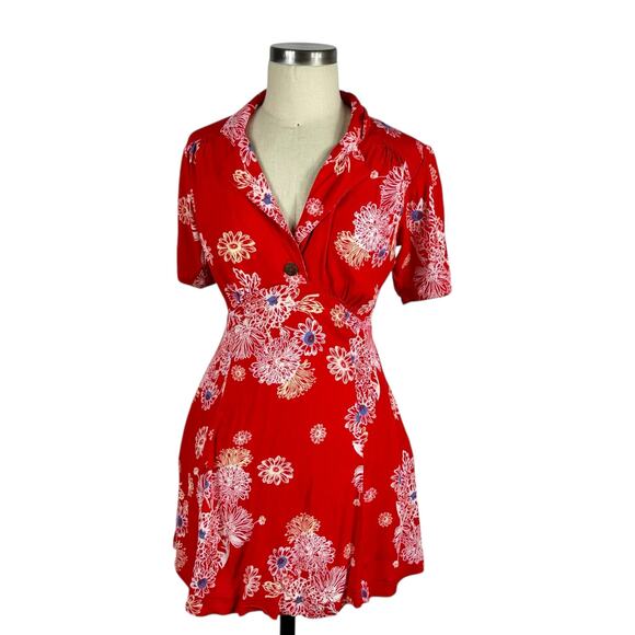 FREE PEOPLE Blue Hawaii Floral Mini Dress Cherry Red Flowers Women's Size XS - Picture 1 of 12